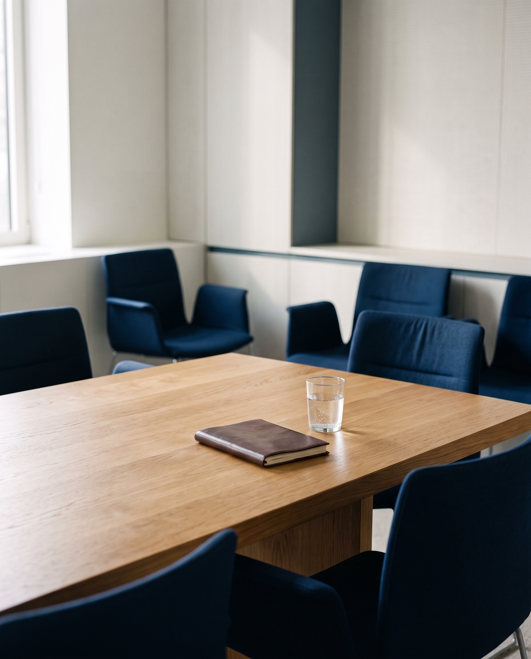 A meeting room set for a working session, with a notebook and a glass of water on the table.