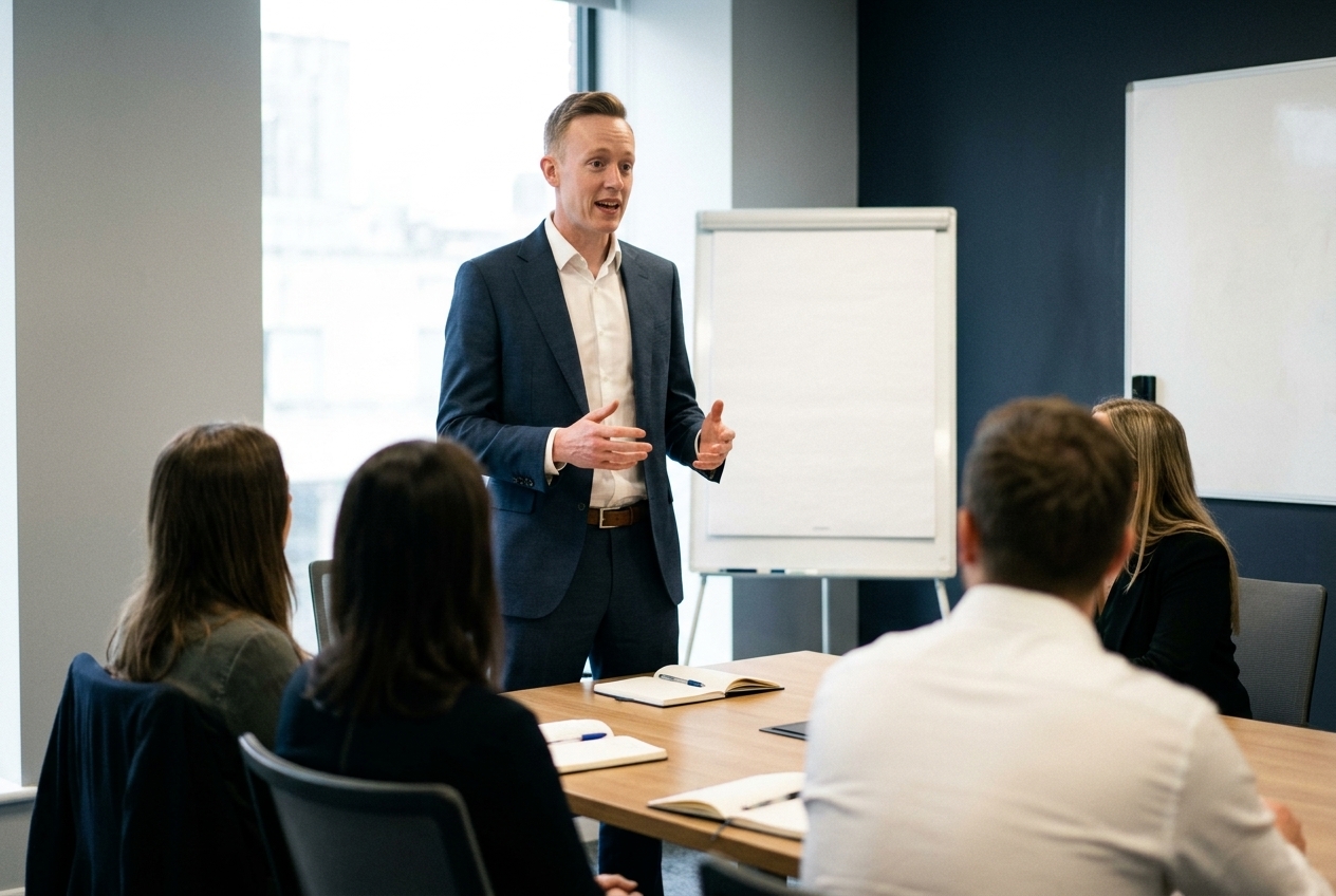 Ross Wareing leading a discussion with a small group in a meeting room.