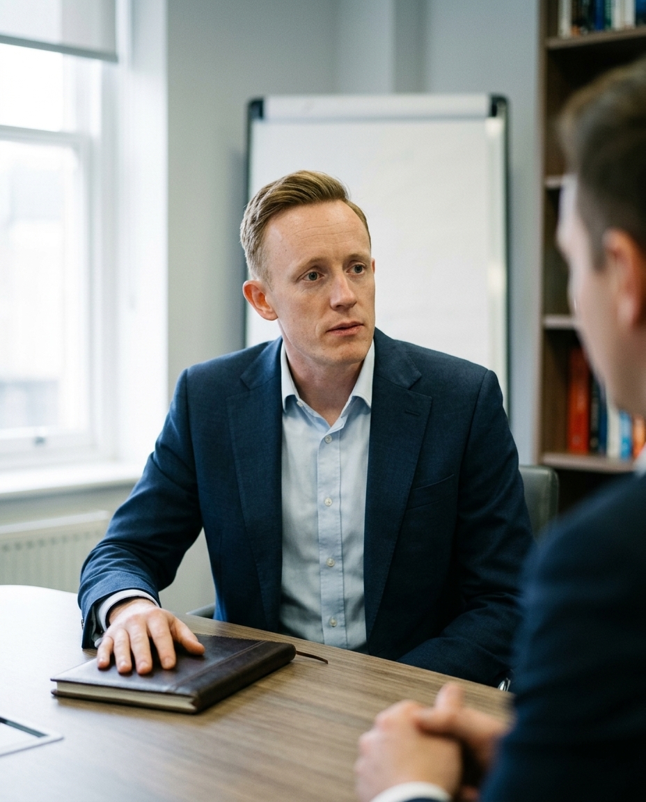 Ross Wareing in conversation across a meeting table.