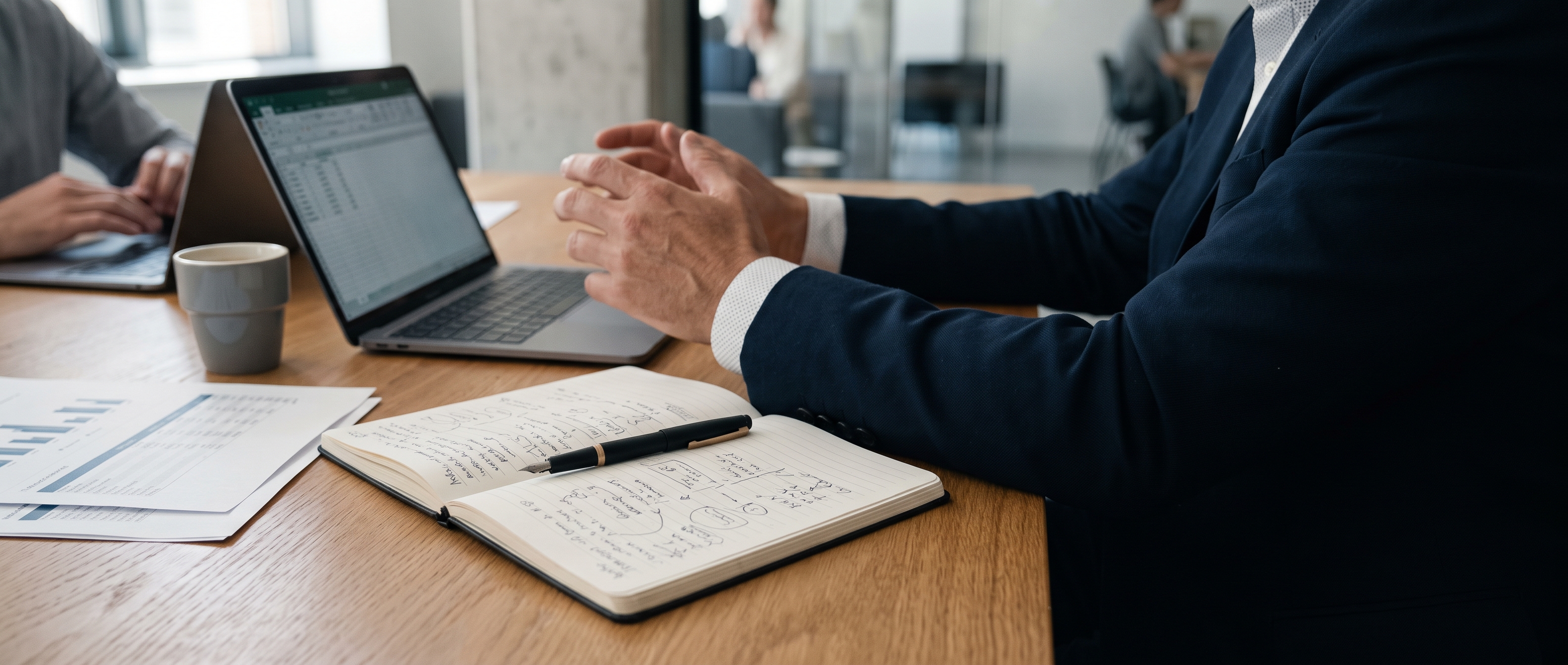 An executive working through figures at a meeting table alongside a colleague.